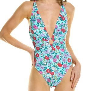 Nanette Lepore Swim Plunging Floral One Piece Swimsuit Light Blue Size 12